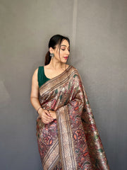 Luxurious Soft Grey Silk Sari with Innovative Kalamkari Fusion Print Design