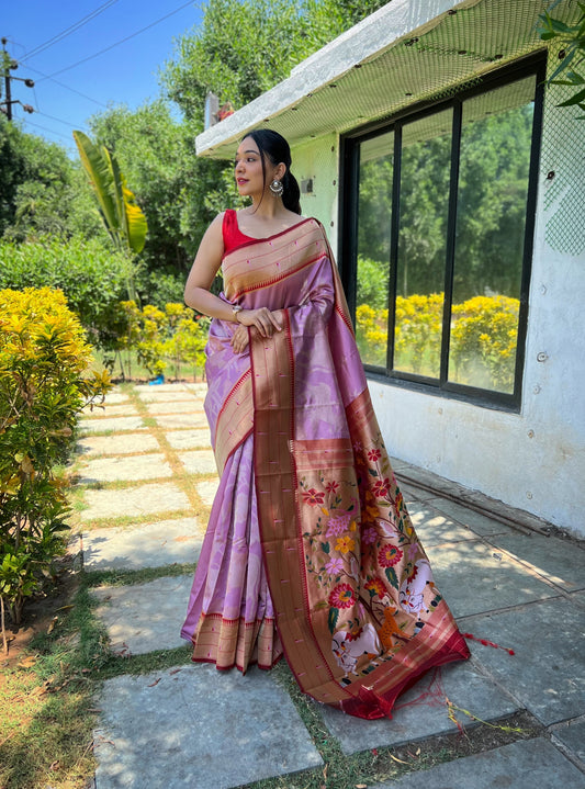 Lavender Pure Soft Paithani Silk Saree with Gold and Silver Zari