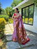 Lavender Pure Soft Paithani Silk Saree with Gold and Silver Zari