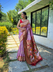 Lavender Pure Soft Paithani Silk Saree with Rich Woven Paithani Pallu - All-Over 3D Traditional Design Patterns in Gold and Silver Zari.