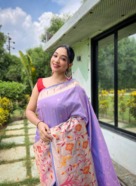 Lavender Pure Paithani Silk Saree with Meenakari Motif Blouse