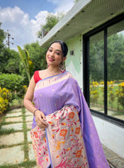 Lavender Pure Paithani Silk Saree with Traditional Paithani Border and Unique Motif Patterns - Contrast Richly Woven Pallu and Meenakari Motif Blouse.