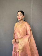 Elegant Light Pink Tissue Silk Saree with Jacquard Zari Weaving - Rich Pallu, Jacquard Weaving Border, and Beautiful Motifs | 6.3 Meter Length with Blouse.