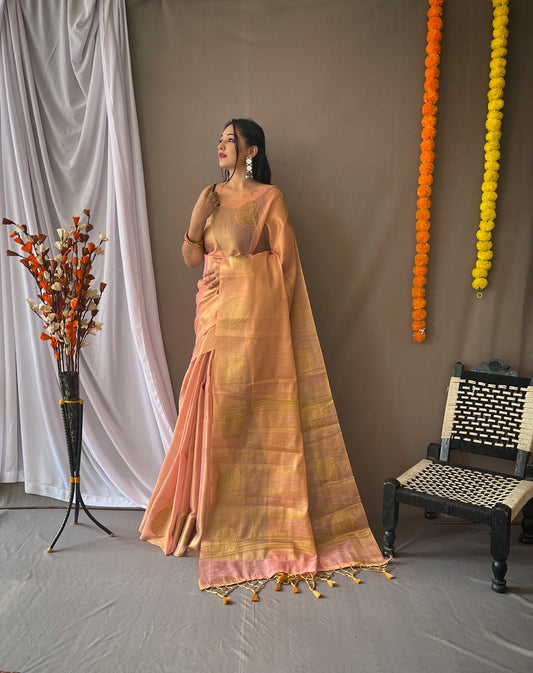 Original Light Pink Tissue Silk Sarees with All-Over Zari Weaving and Mango Border - Chit Pallu with Jhalar, Paired with Zari Lining Unstitched Blouse.