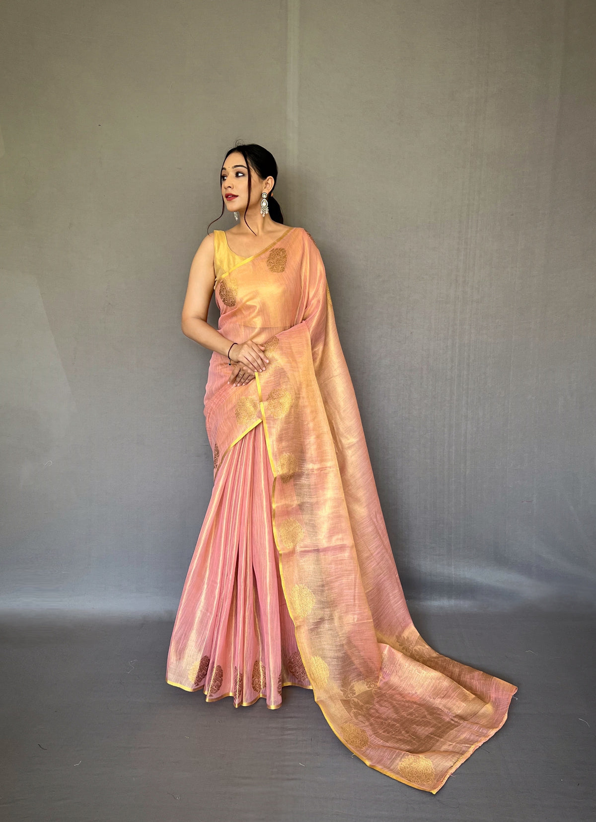 Elegant Light Pink Tissue Silk Saree with Jacquard Zari Weaving - Rich Pallu, Jacquard Weaving Border, and Beautiful Motifs | 6.3 Meter Length with Blouse.