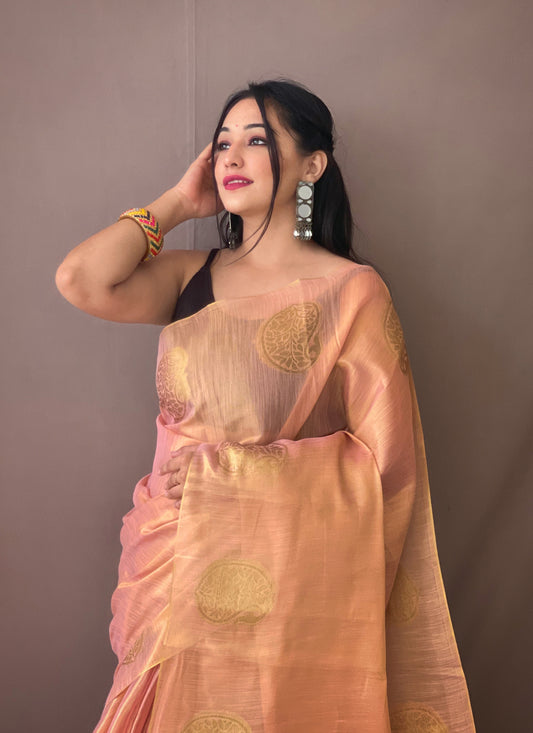 Original Light Pink Tissue Silk Sarees with All-Over Zari Weaving and Mango Border - Chit Pallu with Jhalar, Paired with Zari Lining Unstitched Blouse.