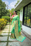 Light Green Pure Paithani Silk Saree with Traditional Paithani Border and Unique Motif Patterns - Contrast Richly Woven Pallu and Meenakari Motif Blouse.