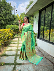 Light Green Pure Paithani Silk Saree with Traditional Paithani Border and Unique Motif Patterns - Contrast Richly Woven Pallu and Meenakari Motif Blouse.