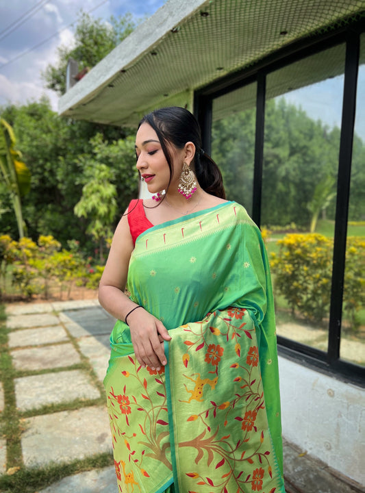 Light Green Pure Paithani Silk Saree with Meenakari Motif Blouse