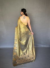 Elegant Mehndi Green Tissue Silk Saree with Jacquard Zari Weaving - Rich Pallu, Jacquard Weaving Border, and Beautiful Motifs | 6.3 Meter Length with Blouse.