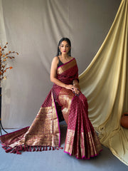 Beautiful Maroon Color Soft Silk Saree with Silver & Gold Zari Checks, Gold Zari Woven Broad Border, Elegant Pallu | Unstitched Blouse Piece.