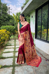 Maroon Pure Paithani Silk Saree with Traditional Paithani Border and Unique Motif Patterns - Contrast Richly Woven Pallu and Meenakari Motif Blouse.