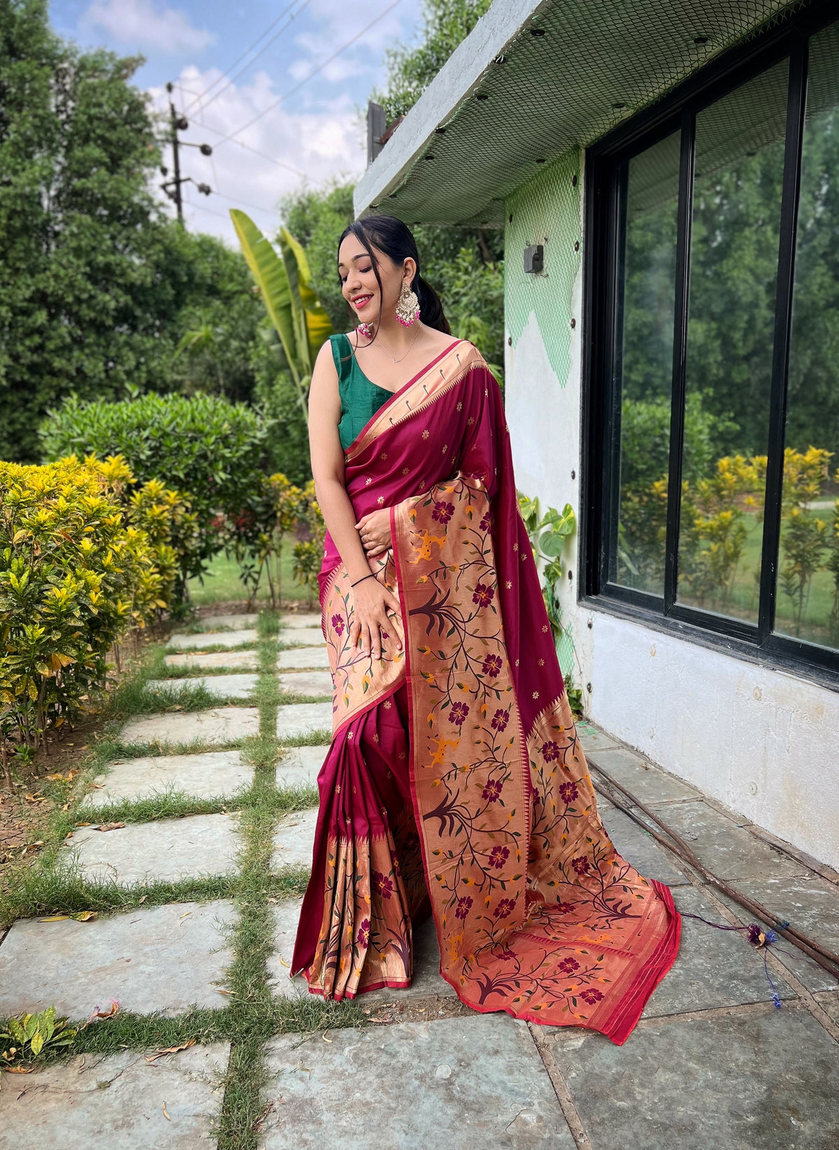 Maroon Pure Paithani Silk Saree with Traditional Paithani Border and Unique Motif Patterns - Contrast Richly Woven Pallu and Meenakari Motif Blouse.