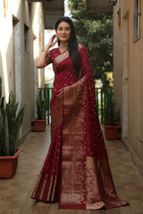 Maroon Color Handmade Bandhej Kanjivaram Silk Saree For Women