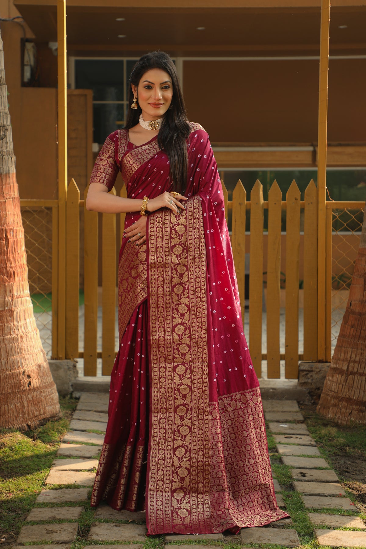 Luxurious Maroon Handmade Bandhej Kanjivaram Silk Saree | High-Quality, Stylish, and Comfortable with Zari Weaving & Rich Pallu.