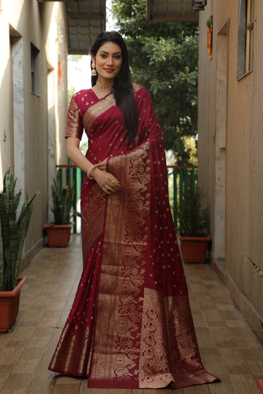 Maroon Color Handmade Bandhej Kanjivaram Silk Saree For Women