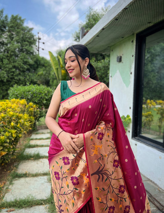 Maroon Pure Paithani Silk Saree with Meenakari Motif Blouse