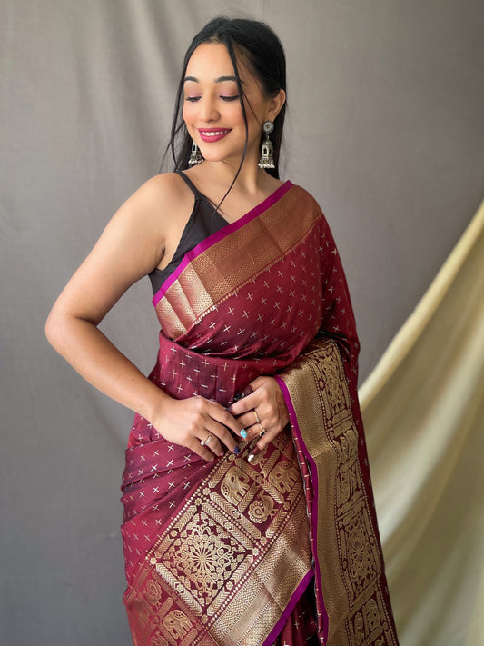 Beautiful Maroon Color Soft Silk Saree with Silver & Gold Zari Checks, Gold Zari Woven Broad Border, Elegant Pallu | Unstitched Blouse Piece.