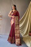 Beautiful Maroon Color Soft Silk Saree with Silver & Gold Zari Checks, Gold Zari Woven Broad Border, Elegant Pallu | Unstitched Blouse Piece.