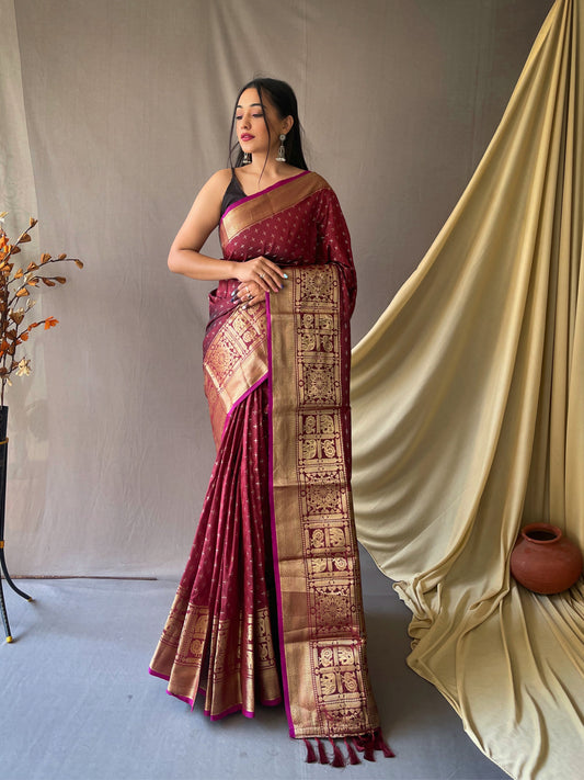 Beautiful Maroon Color Soft Silk Saree with Silver & Gold Zari Checks, Gold Zari Woven Broad Border, Elegant Pallu | Unstitched Blouse Piece.