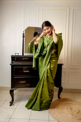 Mehandi Handloom Raw Silk Saree With Blouse For Women