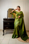 Mehandi Handloom Raw Silk Saree With Blouse For Women