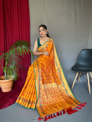 Mustard Color Kachii Patola Silk Saree with Blouse Piece