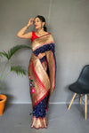 Navy Color Pure Paithani Silk Saree with Rich Woven Pallu, Tassels, and Unique Motif Pattern – Includes Unstitched Blouse Piece.