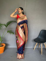 Navy Color Pure Paithani Silk Saree with Rich Woven Pallu, Tassels, and Unique Motif Pattern – Includes Unstitched Blouse Piece.