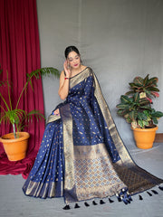 Navy Color Pure Soft Silk Saree with Copper & Golden Zari Woven Border, Rich Pallu with Beautiful Motifs & Elegant Color Combination | Three Zari Used, Unstitched Blouse Included.