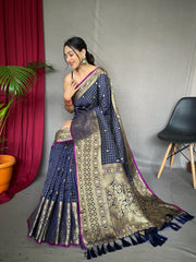 Exquisite Navy Color Handloom Saree with Superb Antique Weaving: Heavy Gold Jacquard Border, Small Motifs, and Meena Work with Unstitched Blouse Piece.