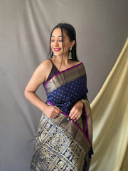 Beautiful Navy Color Soft Silk Saree with Silver & Gold Zari Checks, Gold Zari Woven Broad Border, Elegant Pallu | Unstitched Blouse Piece.