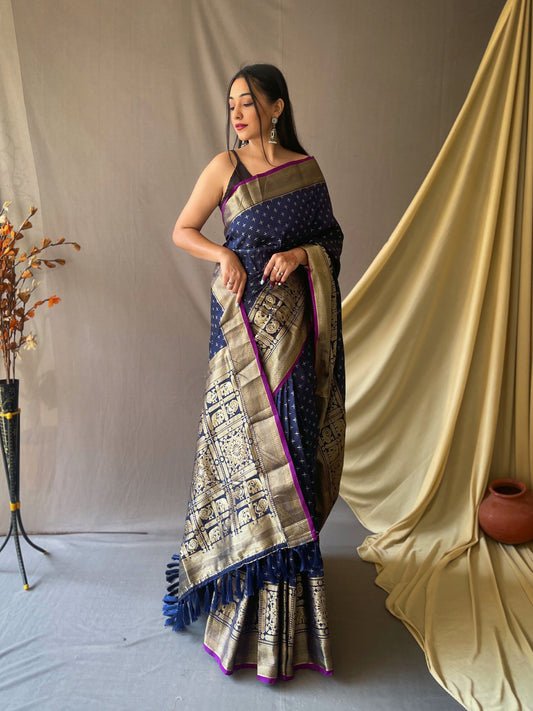 Beautiful Navy Color Soft Silk Saree with Silver & Gold Zari Checks, Gold Zari Woven Broad Border, Elegant Pallu | Unstitched Blouse Piece.