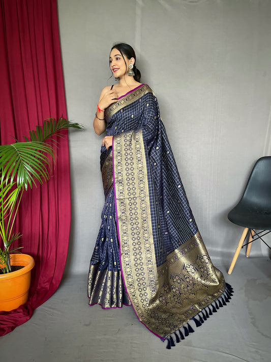 Exquisite Navy Color Handloom Saree with Superb Antique Weaving: Heavy Gold Jacquard Border, Small Motifs, and Meena Work with Unstitched Blouse Piece.