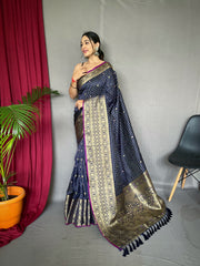 Navy Handloom Saree with Gold Jacquard Border