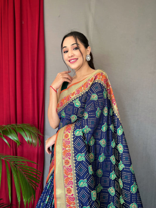 Navy Color Kachii Patola Silk Saree with Blouse Piece