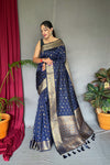 Navy Color Pure Soft Silk Saree with Copper & Golden Zari Woven Border, Rich Pallu with Beautiful Motifs & Elegant Color Combination | Three Zari Used, Unstitched Blouse Included.