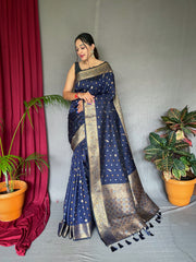 Navy Color Pure Soft Silk Saree with Copper & Golden Zari Woven Border, Rich Pallu with Beautiful Motifs & Elegant Color Combination | Three Zari Used, Unstitched Blouse Included.