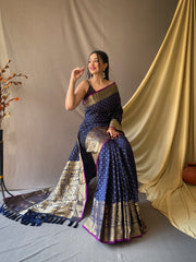 Beautiful Navy Color Soft Silk Saree with Silver & Gold Zari Checks, Gold Zari Woven Broad Border, Elegant Pallu | Unstitched Blouse Piece.