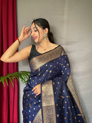 Navy Color Pure Soft Silk Saree with Copper & Golden Zari Woven Border, Rich Pallu with Beautiful Motifs & Elegant Color Combination | Three Zari Used, Unstitched Blouse Included.