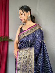 Navy Handloom Saree with Gold Jacquard Border