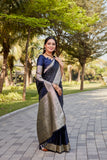 Navy Blue Satin Sarees Kanjivaram Soft Silk