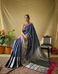 Elegant Navy Blue Khicha Checks Saree in Soft Litchi Silk with Rich Pallu, Attractive Border & Exquisite Patterns.