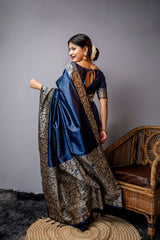 Navy Blue Handloom Raw Silk Saree With Blouse For Women