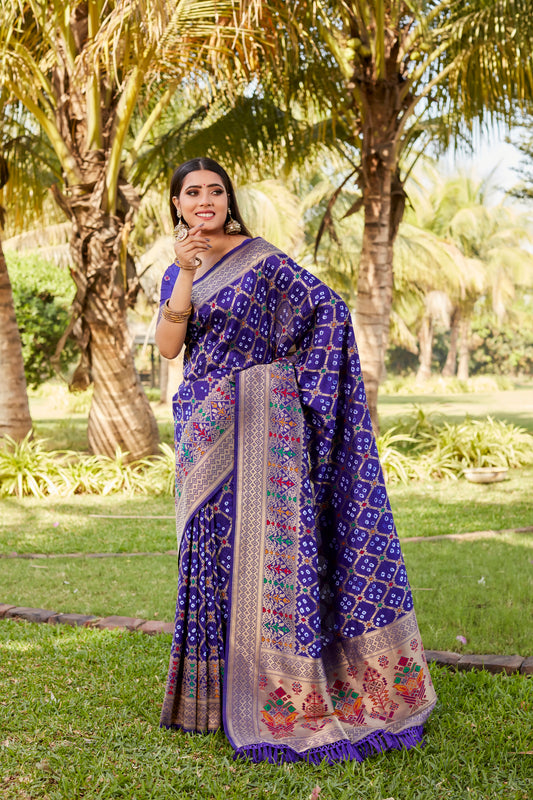 Navy Blue Gharchola Bandhej Silk Sarees For Weddings