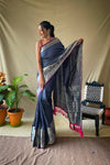 Elegant Navy Blue Khicha Checks Saree in Soft Litchi Silk with Rich Pallu, Attractive Border & Exquisite Patterns.