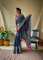 Elegant Navy Blue Khicha Checks Saree in Soft Litchi Silk with Rich Pallu, Attractive Border & Exquisite Patterns.