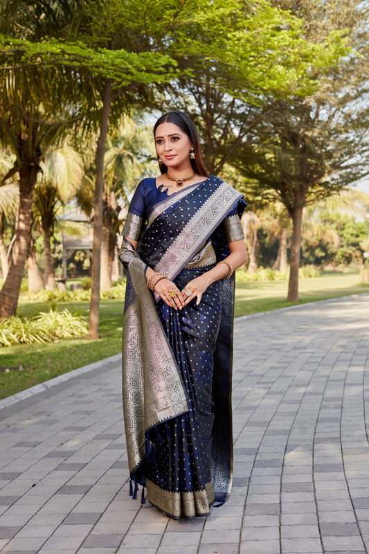 Navy Blue Color Kanjivaram Soft Satin Silk Saree