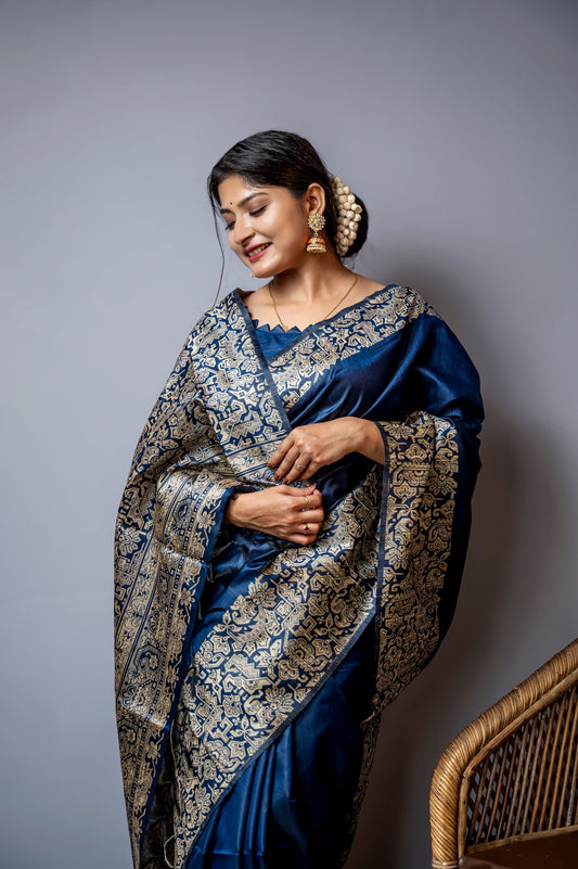 Navy Blue Handloom Raw Silk Saree With Blouse For Women