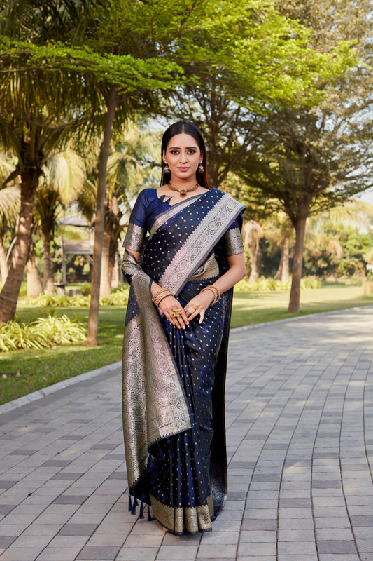 Navy Blue Color Kanjivaram Soft Satin Silk Saree